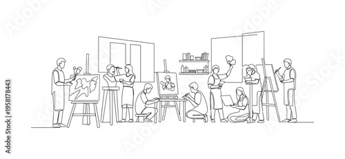 Art Workshop Teamwork. Minimalistic one-line drawing people in studio collaborating on creative project, continuous single black line on white background,