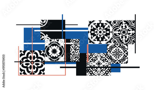 Black and white patterned ceramic backsplash tiles with ornamental motifs, intersected by sharp geometric rectangles and thin horizontal lines, layered collage