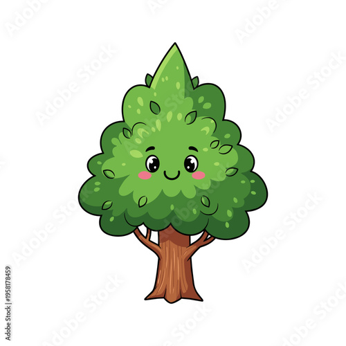 A cartoon tree with a smiling face and rosy cheeks