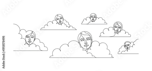 Smiling Faces in Color Clouds. Minimalistic one-line drawing several smiling faces emerging from soft cloud shapes floating in the sky, continuous single black