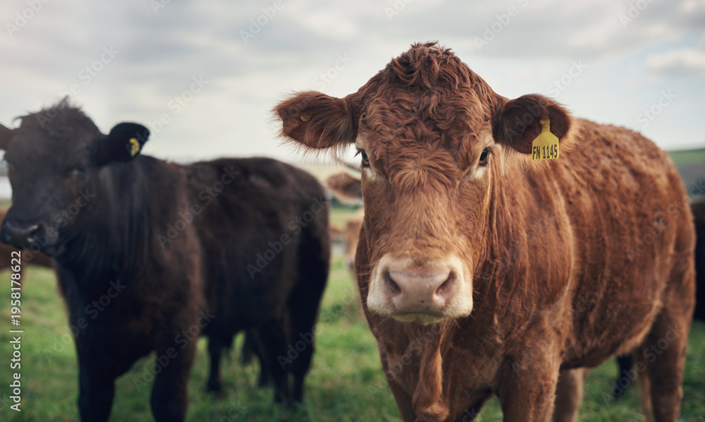 Fototapeta premium Agriculture, portrait or cow in countryside with herd, conservation or sustainable farming in dairy business. Organic, livestock or animal with grazing, meat or milk production on cattle ranch.