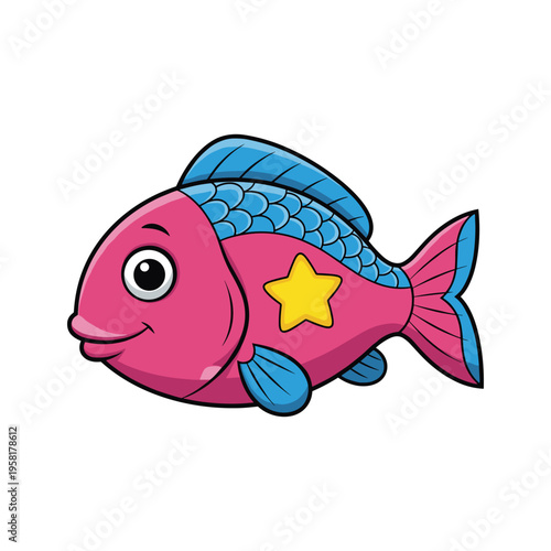 A pink cartoon fish with blue fins and a yellow star