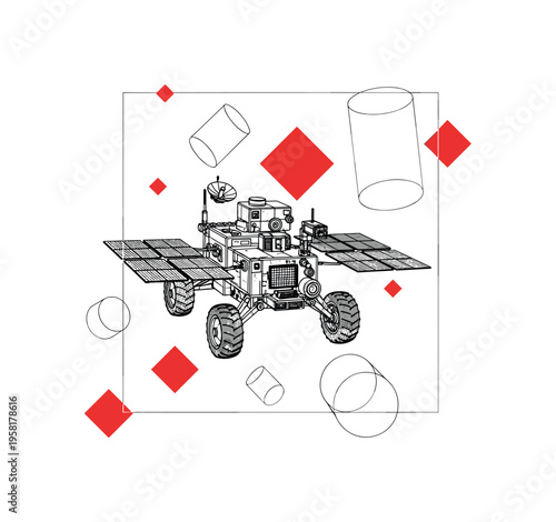 Black and white moon rover with visible solar panels, combined with floating geometric cylinders and small red square accents around it, thin white contour