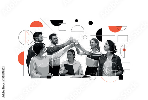 person discussing article with peer, geometric lines circles and abstract blocks representing exchange of ideas and learning, black and white retro realistic