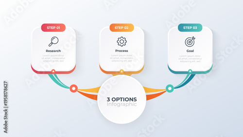 Modern 3 options business infographic template with connected workflow diagram, three step process cards, strategy presentation layout and minimal corporate data visualization.