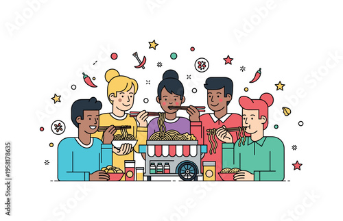 Friends trying street food together cheerful group of friends gathered around a small street food cart tasting noodles and snacks with chopsticks while smiles,