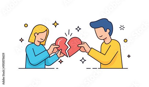 Healing emotional wounds person carefully placing the two halves of a heart together while gentle sparkles symbolize recovery and resilience. Positive visual