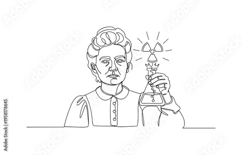 Scientific Innovators. Minimalistic one-line drawing Marie Curie holding a flask with radiation symbol representing her research in radioactivity, continuous