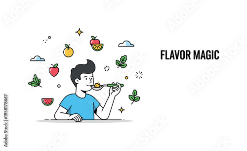 Divine flavor discovery curious taster holding a spoon while small flavor icons like fruits, herbs, and spices float around the scene. A subtle label Flavor