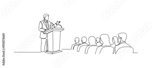 Justice Speech Event. Minimalistic one-line drawing podium with speaker addressing audience about equality and justice, continuous single black line on white