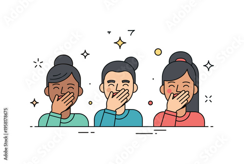 Midnight giggles at sleepover friends covering their mouths while laughing with a tiny sparkle accent above. A playful micro scene about shared jokes and