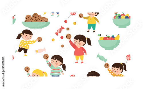 children asking for sweets and snacks seamless pattern, repeating pattern, surface design, textile print, modern illustration of playful kids reaching toward