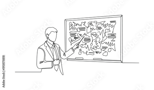 Creative Caption Planning. Minimalistic one-line drawing person pointing at a board filled with caption writing advice, continuous single black line on white