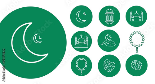 Collection of Islamic Icons with Crescent Moon, Mosque, Lantern, and Prayer Beads