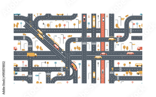 highway and street pattern seamless pattern, lanes, vehicles, road markings, traffic cones, streetlights and signs arranged in a repeating pattern, white