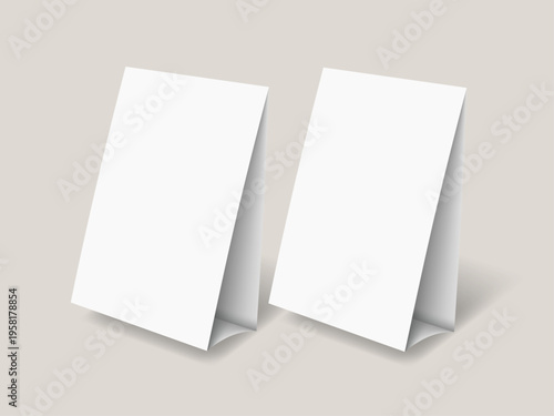 Table tent template. White blank paper countertop pop banner stand. Realistic mockup. Desktop promotional graphic display card vector mock-up Stand Up Clear Card Mockup On Table.