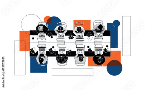 black and white overhead view of several laptops on a long coworking table with people working silently, cut-out collage effect with white outline, rectangular