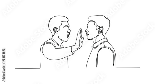 Communicating Needs. Minimalistic one-line drawing person speaking to partner with hand gesture indicating their personal limits, continuous single black line