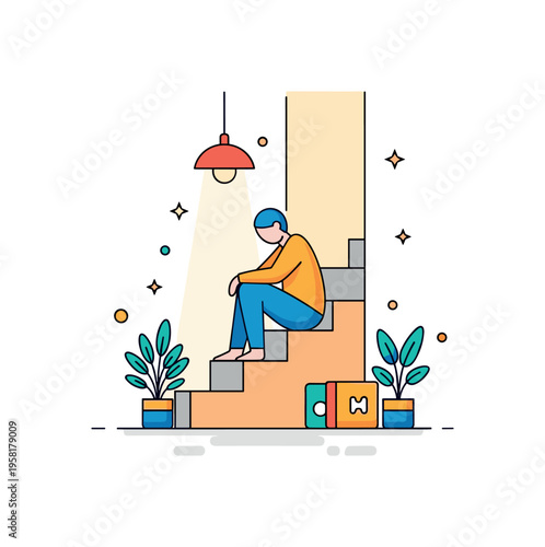 Reflective pose of a figure sitting on stairs in a cozy home corner, soft light and warm tones surrounding them, illustrating introspection and calm personal