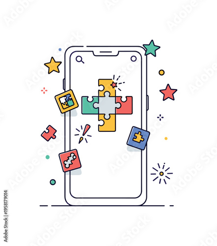 Mobile gaming smartphone screen with colorful puzzle game interface and small floating icons representing casual entertainment, strategy, and fun gameplay.
