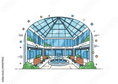 Corporate office atrium with a bright glass roof and a small central fountain surrounded by minimal benches and greenery. The elegant scene expresses openness,