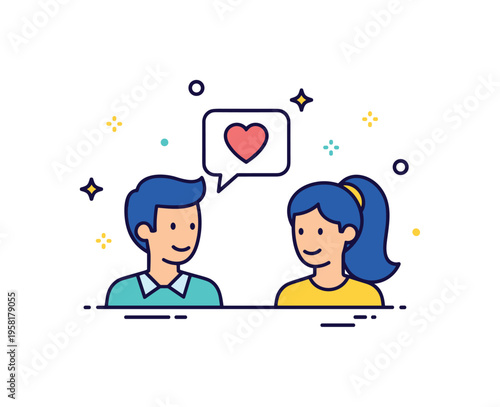 Supportive leadership connection where a leader and team member share a conversation beside a small heart shaped speech bubble. The scene represents emotional
