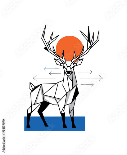 Black and white deer with branching antlers transformed into abstract geometric lines, bold orange circle behind head symbolizing wilderness sun,