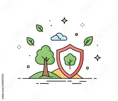 Land conservation concept protected natural land with a tree inside a shield icon while small leaf symbols suggest environmental protection and sustainability.