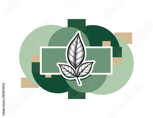 green eco product label featuring a black and white botanical leaf illustration with white cut-out outline, layered circular shapes and soft geometric blocks