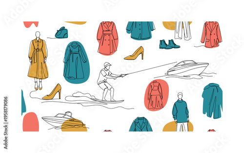 unusual couture patterns seamless pattern, experimental clothing, avant-garde silhouettes, oversized accessories, abstract runway designs and models arranged