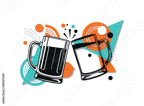 black-and-white beer mug clinking with another invisible mug suggested by geometric shapes, abstract circles and arcs symbolizing celebration and bubbles,