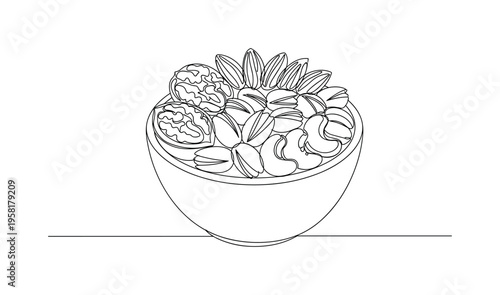 Decorative Nut Bowl. Minimalistic one-line drawing small rounded bowl filled with assorted nuts arranged neatly, continuous single black line on