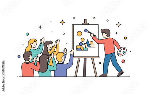 Creative crowd experience showing a painter finishing a canvas while viewers applaud the completed artwork. The scene captures celebration of creativity and