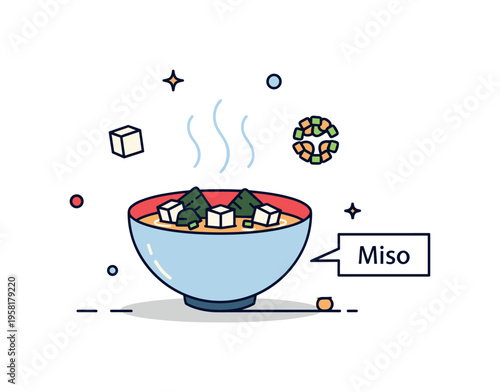 Fresh miso soup bowl simple Japanese inspired soup with tofu cubes and seaweed shapes visible inside a round bowl while light steam rises above. A small label