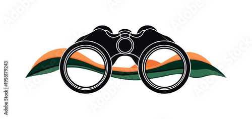 black and white binoculars overlooking a distant nature trail landscape, cut-out collage object with white outline, abstract layered semicircles representing