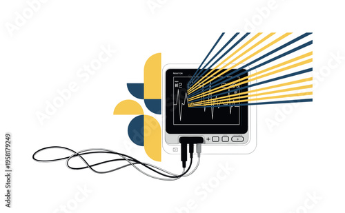 black and white hospital bedside heart monitor with cable lines connected, white cut-out outline around the machine, geometric semicircles and diagonal bars
