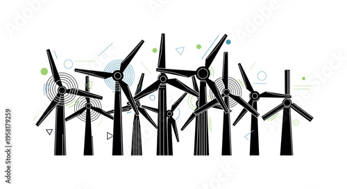 row of wind turbines with blades abstract circles lines and geometric shapes representing sustainable energy infrastructure black and white retro turbine