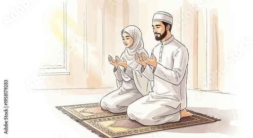 Muslim couple praying on rug.