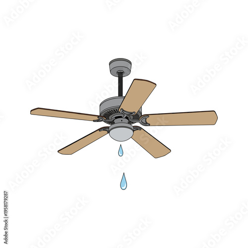 A ceiling fan with a single water droplet