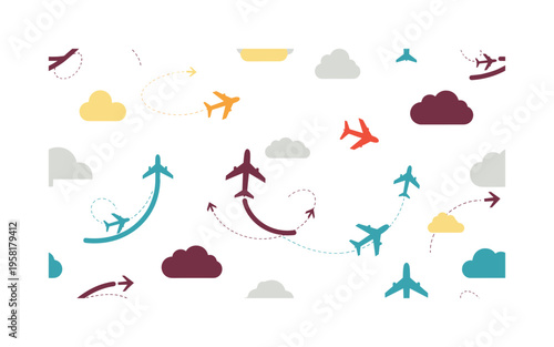 flight path and lift motifs seamless pattern, repeating pattern, surface design, textile print, modern illustration of ascending planes, directional arrows,