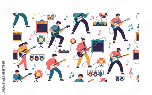 electric guitar jam session seamless pattern, guitarists performing with amplifiers, effects pedals, musical notes and stage lights arranged in a repeating