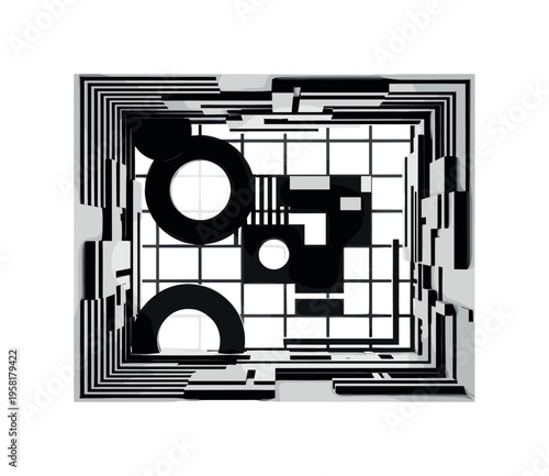 skylight ceiling, geometric circles lines and abstract blocks highlighting light and openness, black and white retro realistic ceiling with layered cut-out