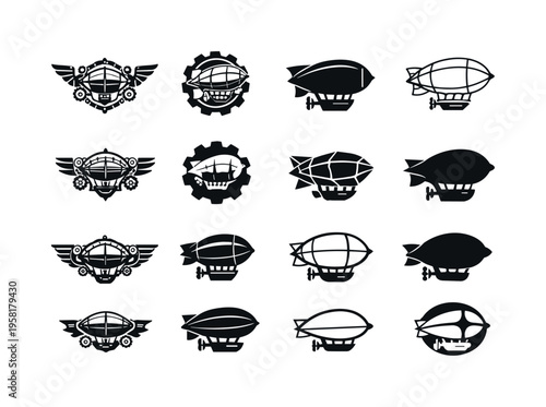 steampunk style. Icon set. Set Logo of steampunk style: airship. harmonious logo variations of the same emblematic concept, each with different artistic
