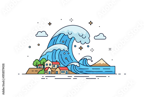 Tsunami wave disaster featuring a giant ocean wave approaching a coastal village. The scene represents powerful ocean forces and coastal natural hazards.