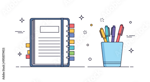 Productive desk planning scene featuring a planner notebook with small sticky note tabs along the edge and a cup holding colorful pens. Calm everyday routine
