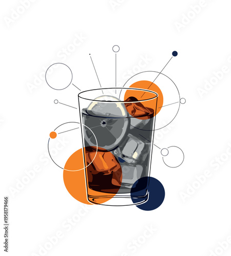 black and white iced tea glass with swirling ice cubes and straw, cut-out collage object with white outline, concentric circles and diagonal graphic lines