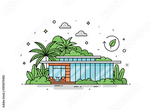 Luxury eco friendly resort nestled in lush greenery with a modern glass villa surrounded by tropical plants and a small leaf symbol suggesting sustainable
