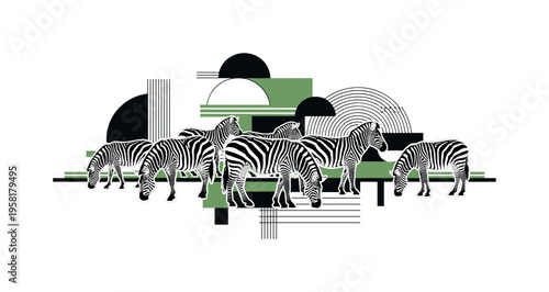 group of zebras grazing abstract semicircles lines and geometric blocks symbolizing herd behavior and wildlife environment black and white retro
