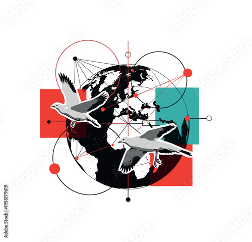 retro collage of Arctic birds migrating across a stylized globe, black and white realistic birds with white cut-out outline, intersecting circles and