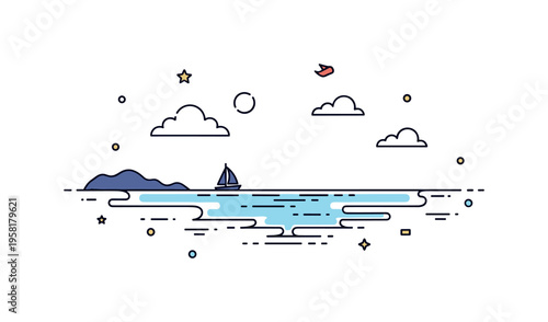 Peaceful coastal horizon quiet ocean meeting a bright sky while a small sailboat silhouette appears near the horizon line. Relaxed maritime scene symbolizing